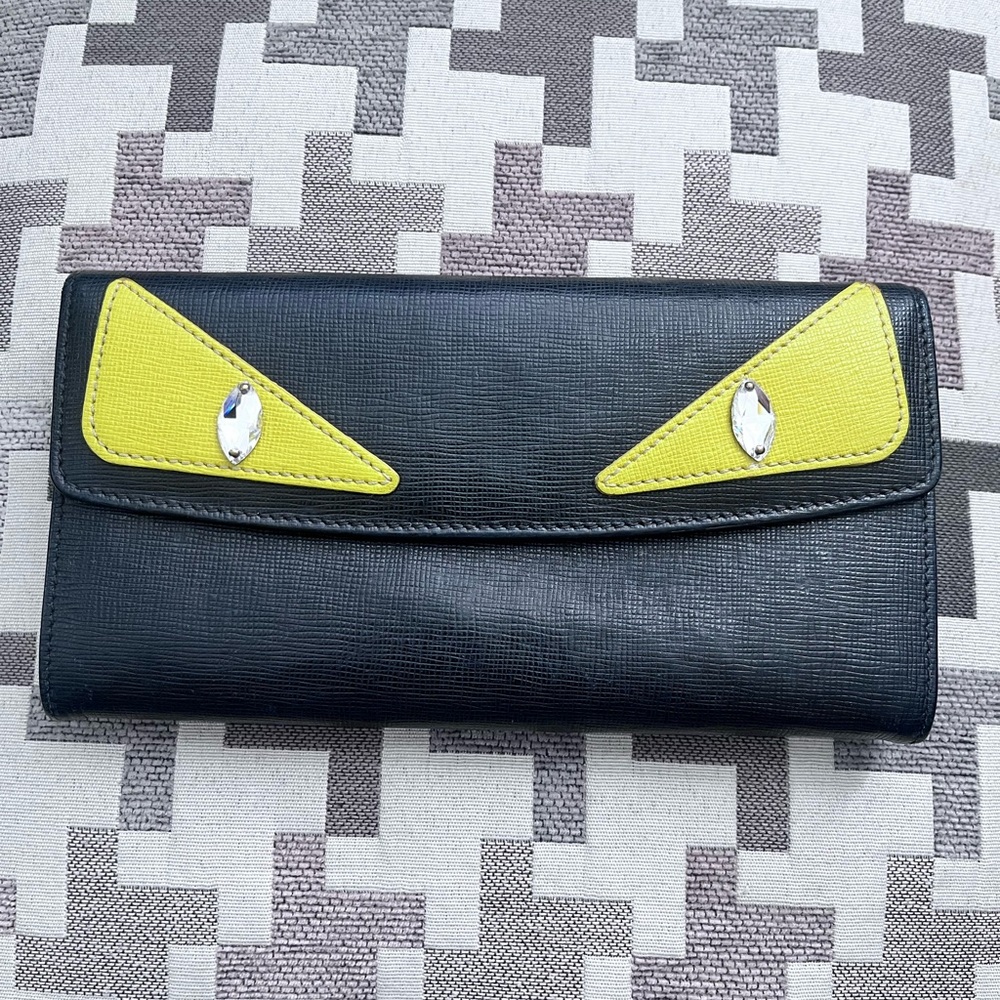 Fendi black Vitello Elite calfskin Leather Crystal eye Monster cont. wallet